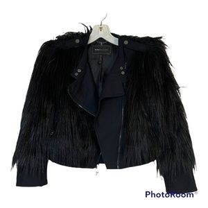 BCBG MAXAZRIA BLACK FAUX FUR BRETON CROPPED JACKET